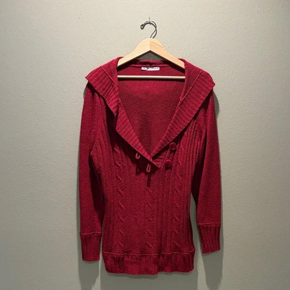 Maurices 3X Burgundy Cable Knit Hooded Sweater Shawl Collar V-Neck Plus Size - Picture 5 of 16